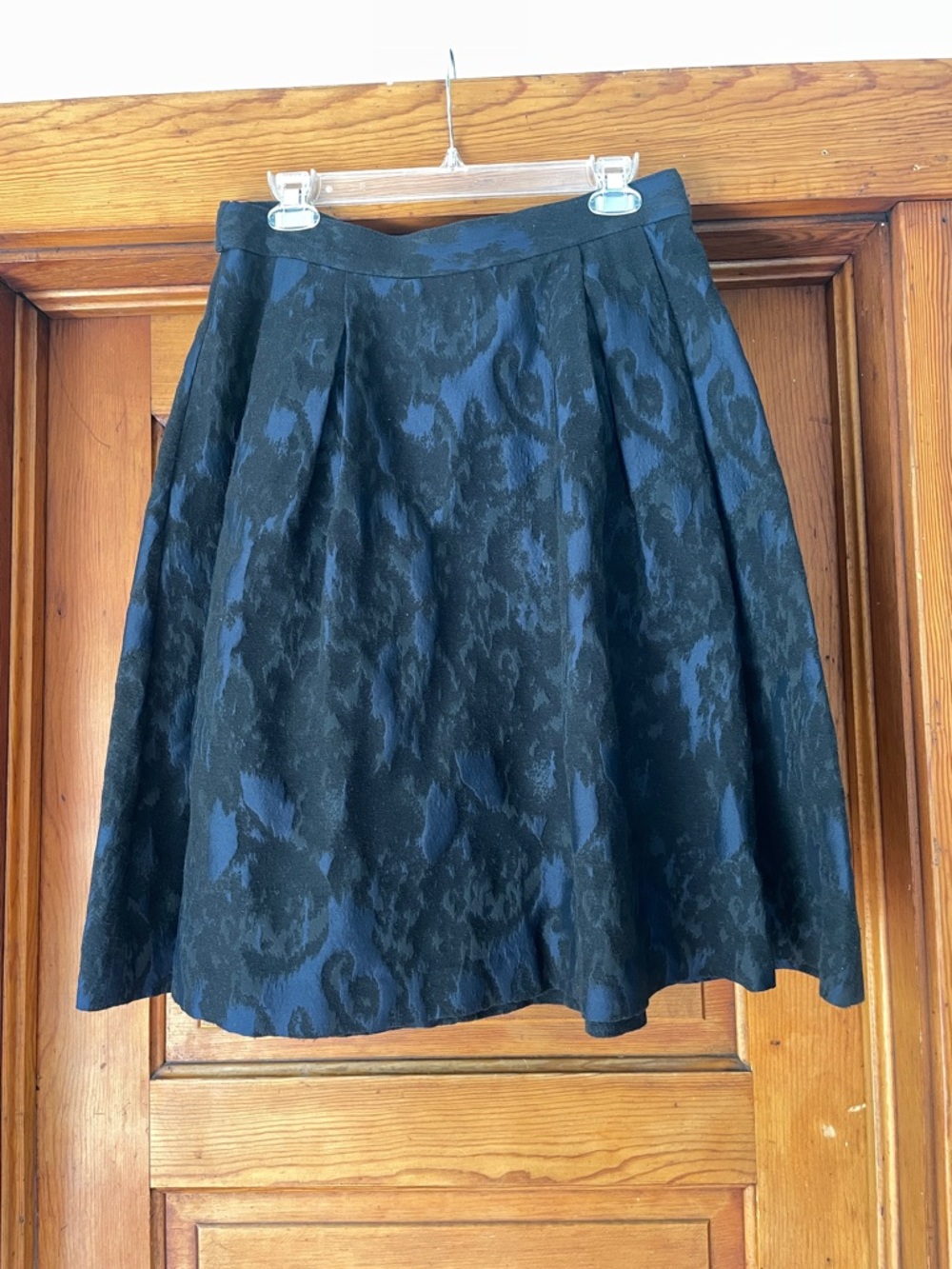 H&M Black and Navy Floral Jacquard A-Line Skirt with Gold Buckles Size 12
